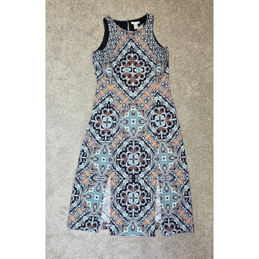 London Times Navy Blue Orange Medallion Print Sleeveless Midi Dress Size 10
397